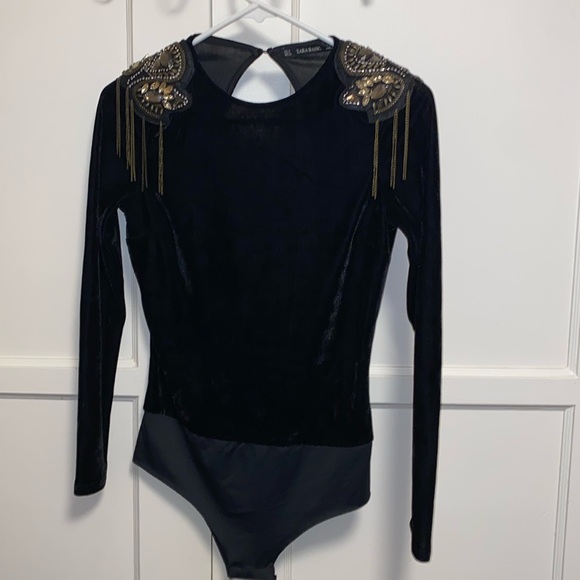 Zara Small Black Velvet Bodysuit Beaded Shoulders - Picture 1 of 13